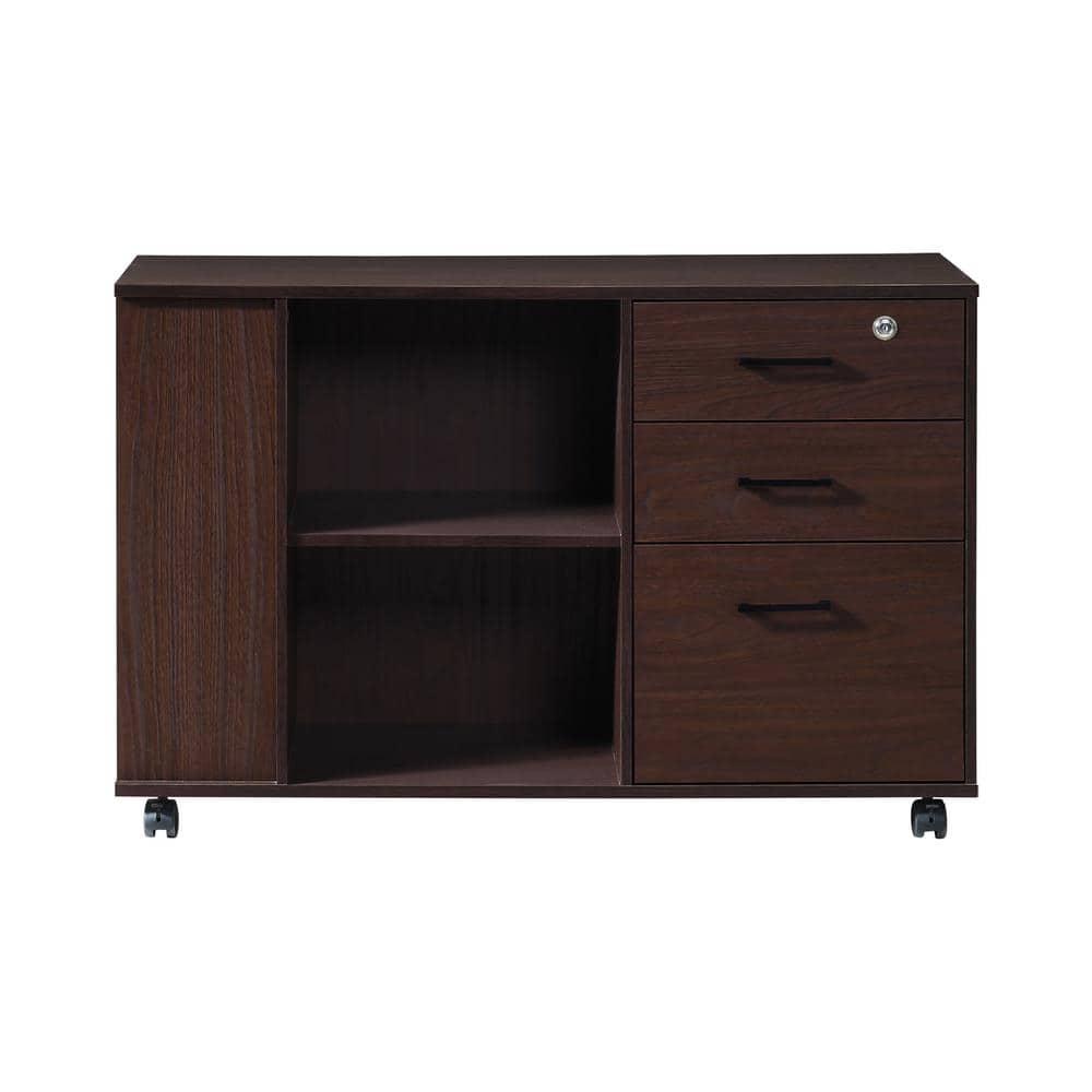 AndMakers 3-Drawer 39in. W Rolling Lateral Walnut Filing Cabinet with Locker and Open Storage Shelves for Home Office and Kids Room