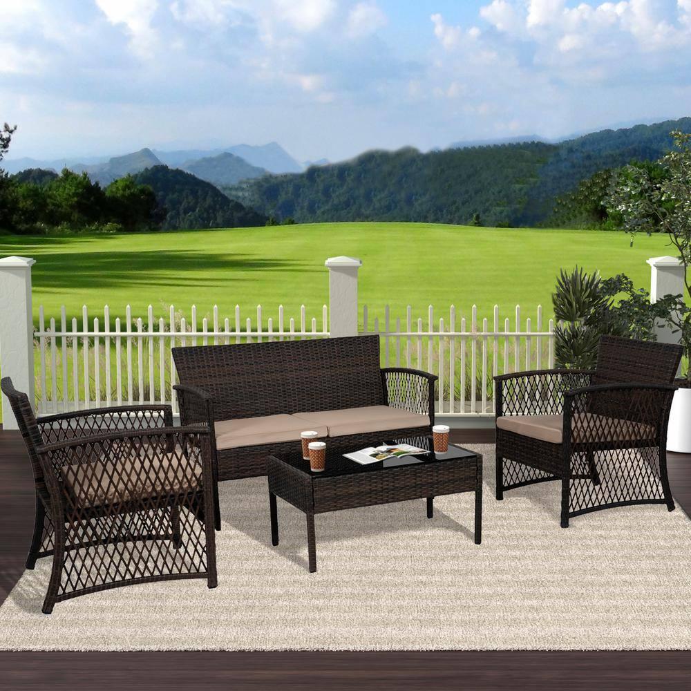 Westin Outdoor 4-Piece Rattan Wicker Patio Conversation Sofa Set with Cushions, Coffee/Beige