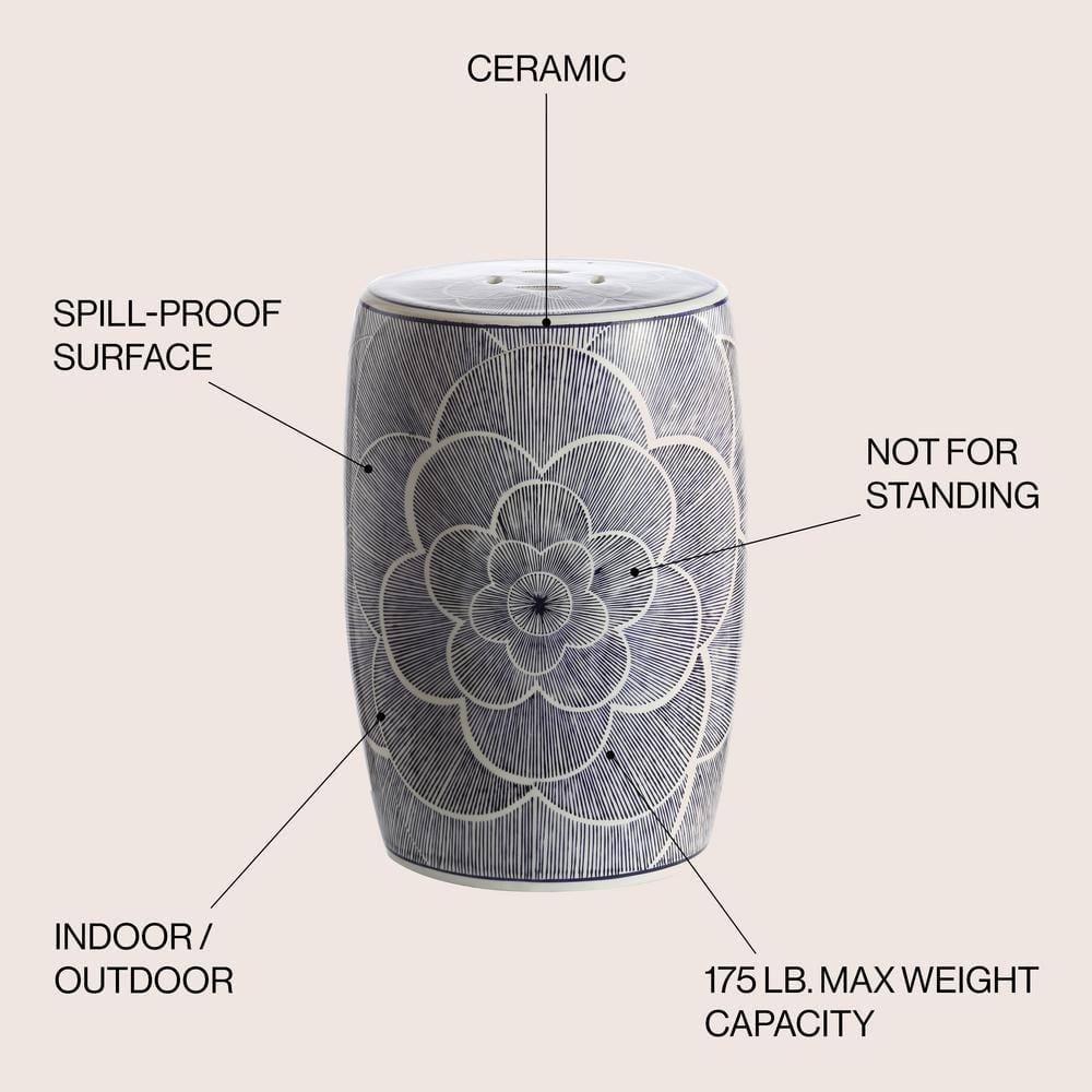 JONATHAN Y Camellia 17" Ceramic Drum Garden Stool, Blue