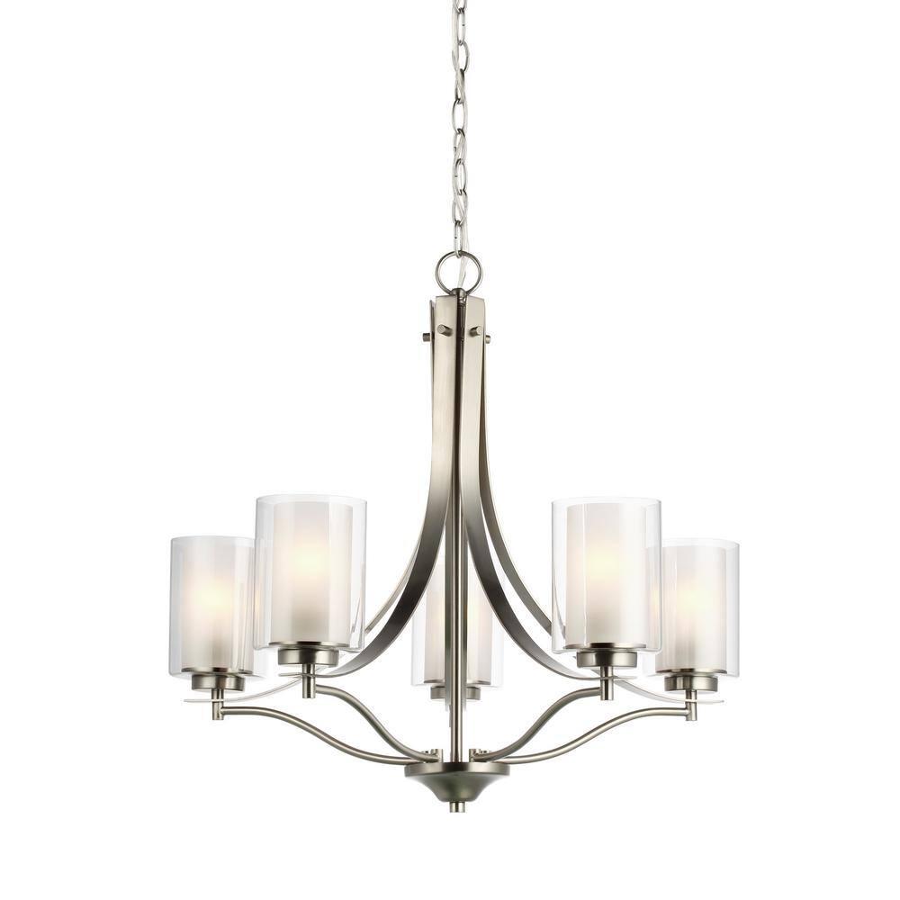 Elmwood 5-Light Brushed Nickel Modern Transitional Hanging Candlestick Chandelier with Satin Etched Glass Shades