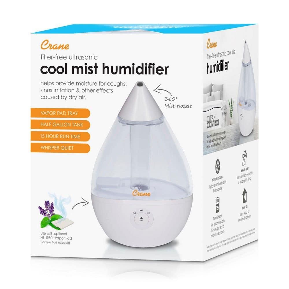 Crane USA Droplet Cool-Mist Humidifier with Vapor Tray, 0.5. Gal. - Clear & White