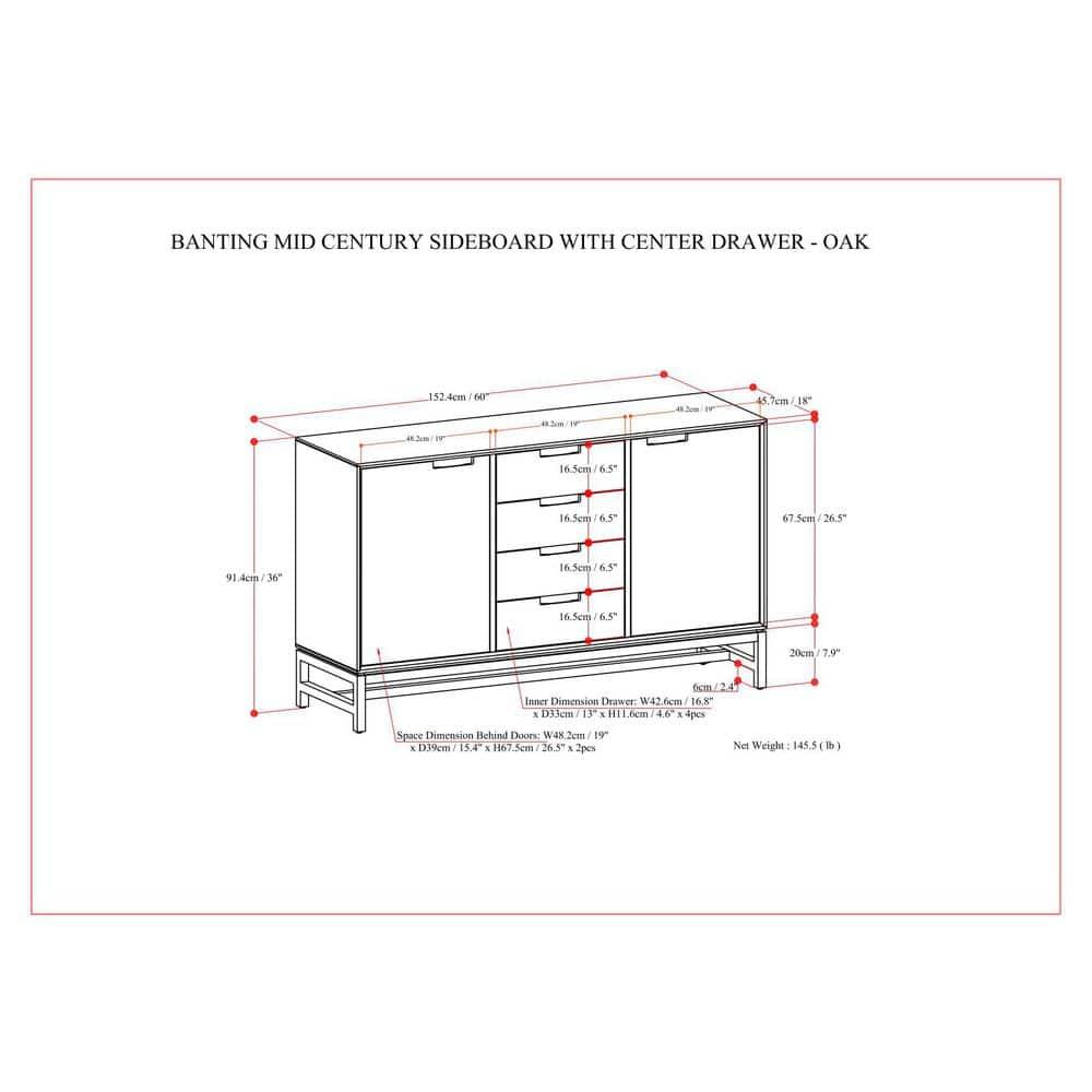 Simpli Home Banting 60"W Solid Wood Industrial 2-Door Sideboard Buffet with 4 Center Drawers
