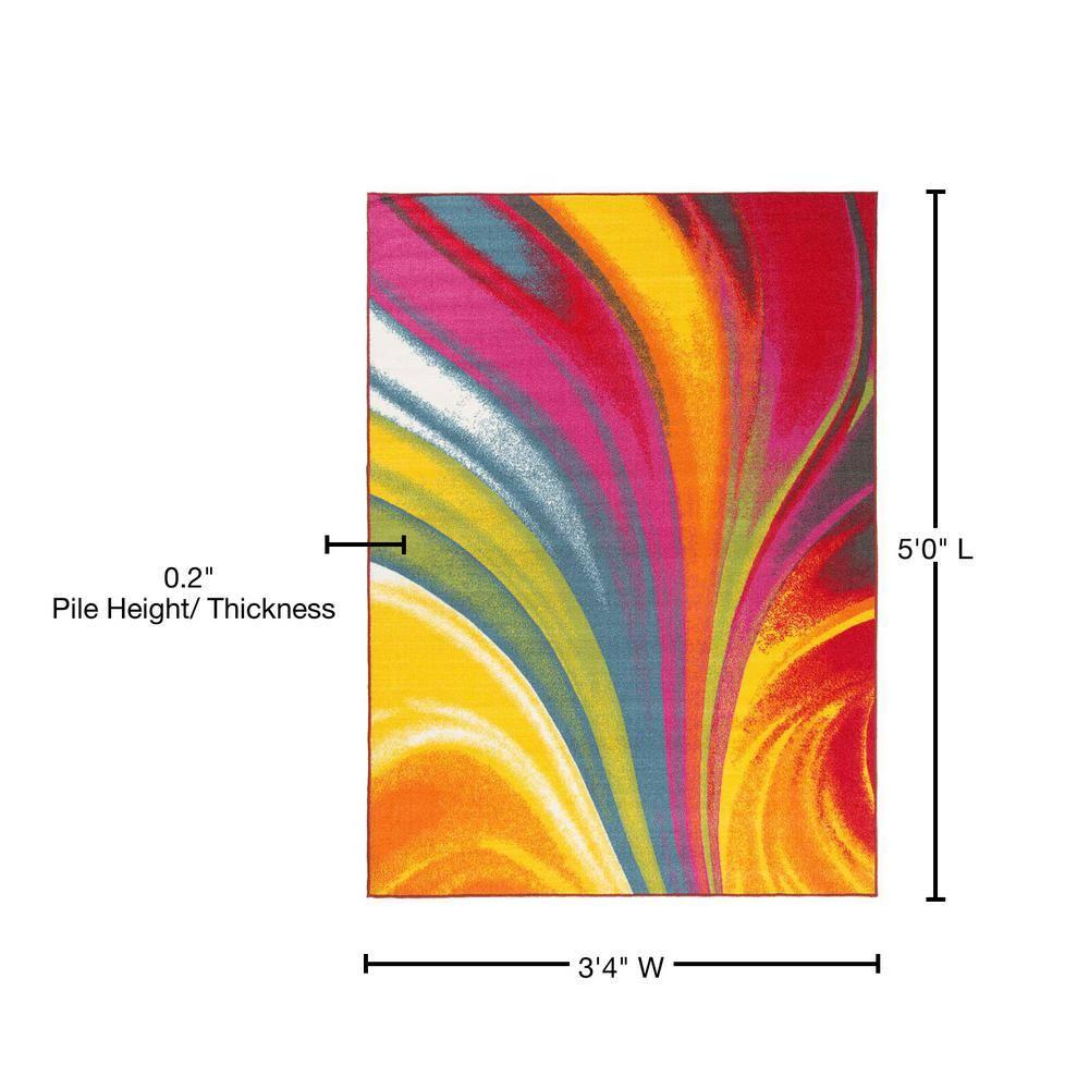 World Rug Gallery Modern Contemporary Waves Multicolored Non-slip (Non-skid) Area Rug - Multi 3'3" x 5'