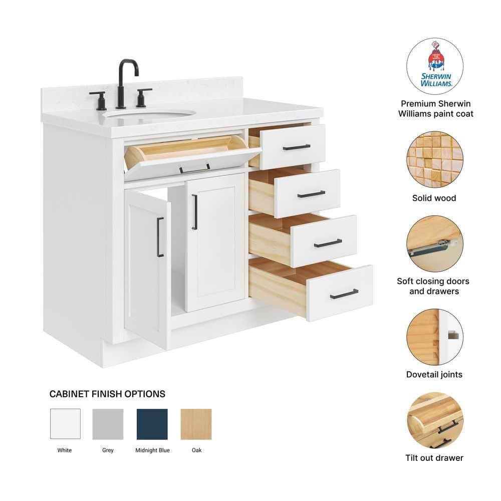Hokku Designs Thornaby 42'' Solid Wood Single Bathroom Vanity with 1.5'' Carrara Quartz Top, Left Offset Oval Sink