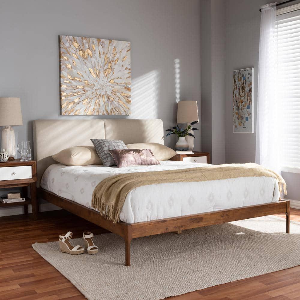 Baxton Studio Full Aveneil Walnut Finished Platform Bed Beige/Walnut Brown: Upholstered Headboard, Wood Composite Frame
