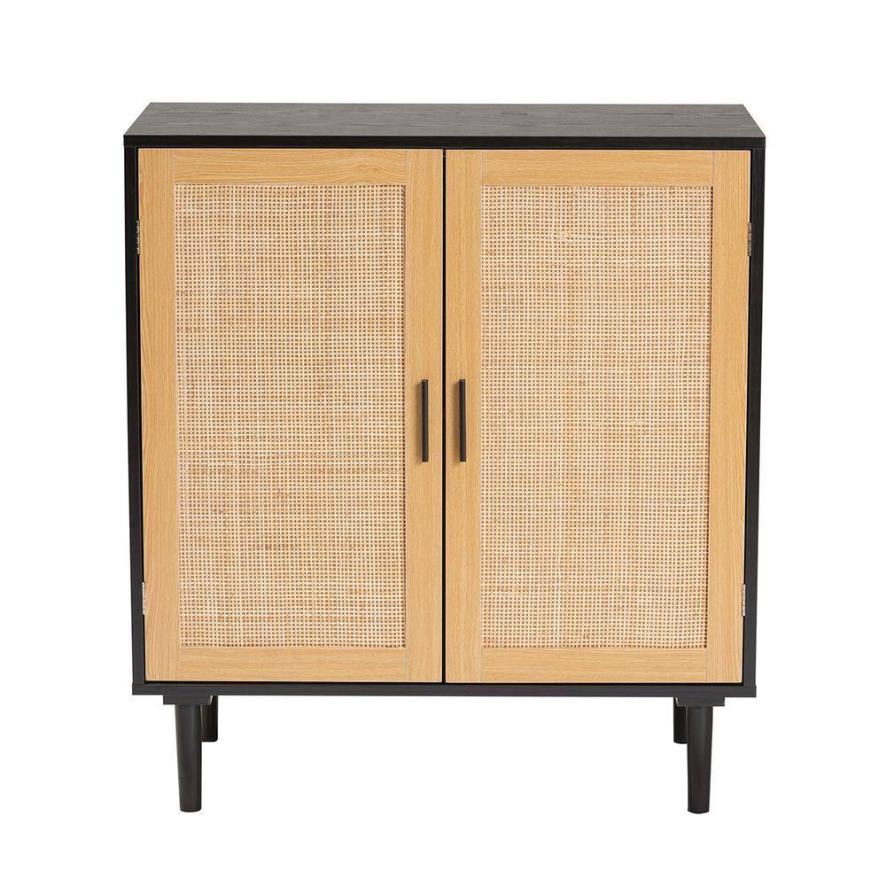 Baxton Studio Maureen Wood and Rattan 2 Door Storage Cabinet Espresso/Natural Brown : Bohemian Style, Particle Board Frame, 2 Shelves