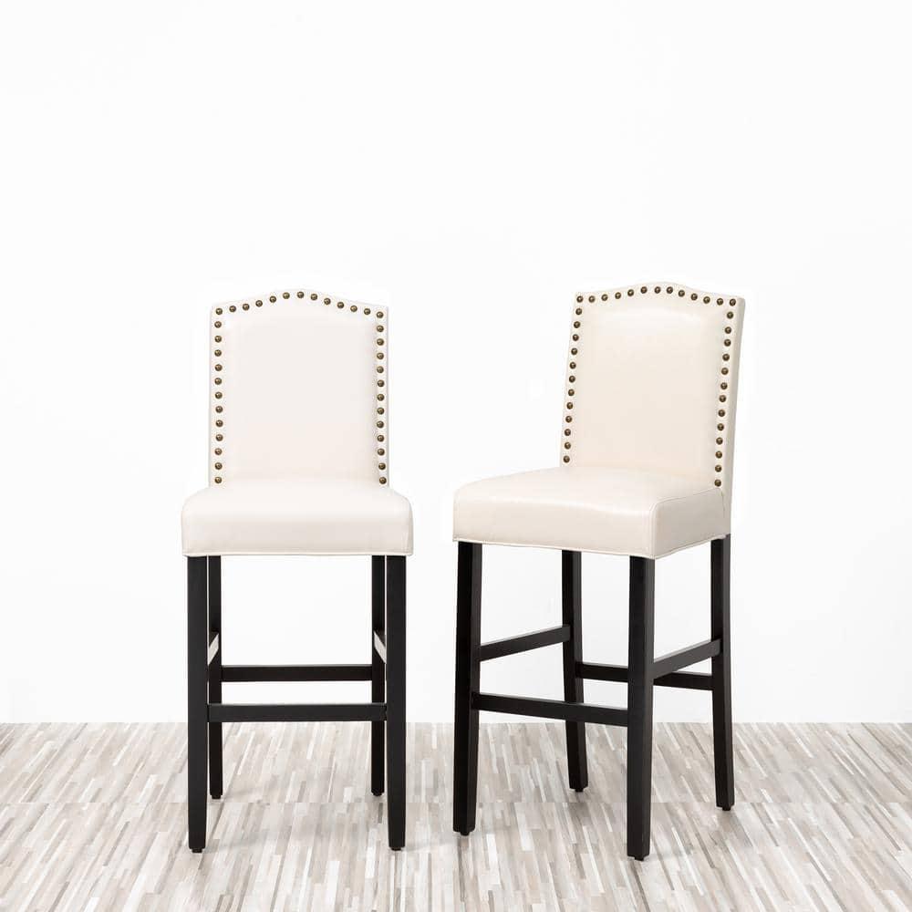 Set of 2 Leatherette PU Barstools with Studded Decor Off White - Glitzhome: Rubberwood Frame, Footrest, Modern Style