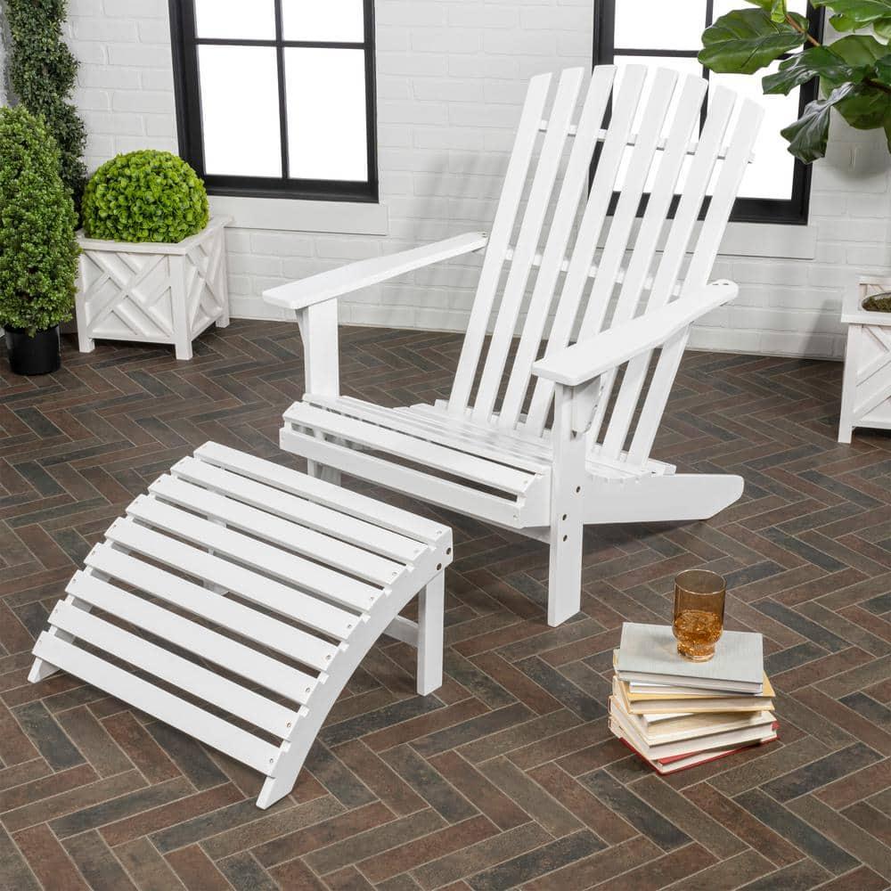 Saranac 2-Piece Traditional Rustic Acacia Wood Adirondack Chair with Detachable Ottoman, White - JONATHAN Y