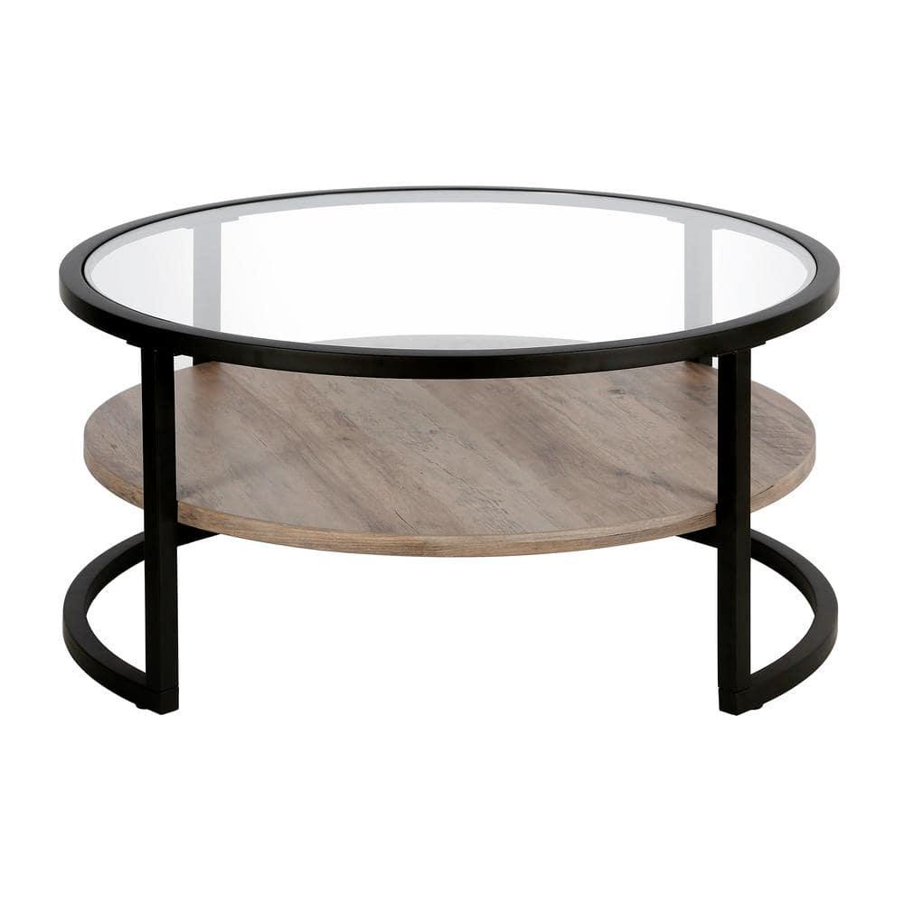 Evelyn&Zoe Winston 34.75" Wide Round Coffee Table, Blackened Bronze/Gray Oak