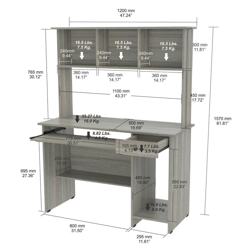 Computer Work Center with Hutch Gray - Inval: Melamine, MDF, Slide-Out Keyboard Tray