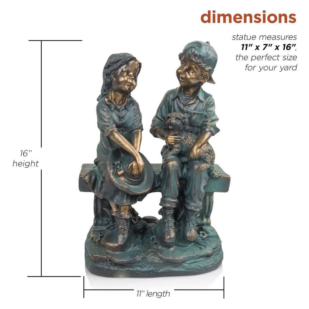 Alpine Corporation 16" Polyresin Girl and Boy with Dog Sitting on Bench Sculpture Bronze: Durable Outdoor Decor, Magnesium Oxide, Rust-Resistant