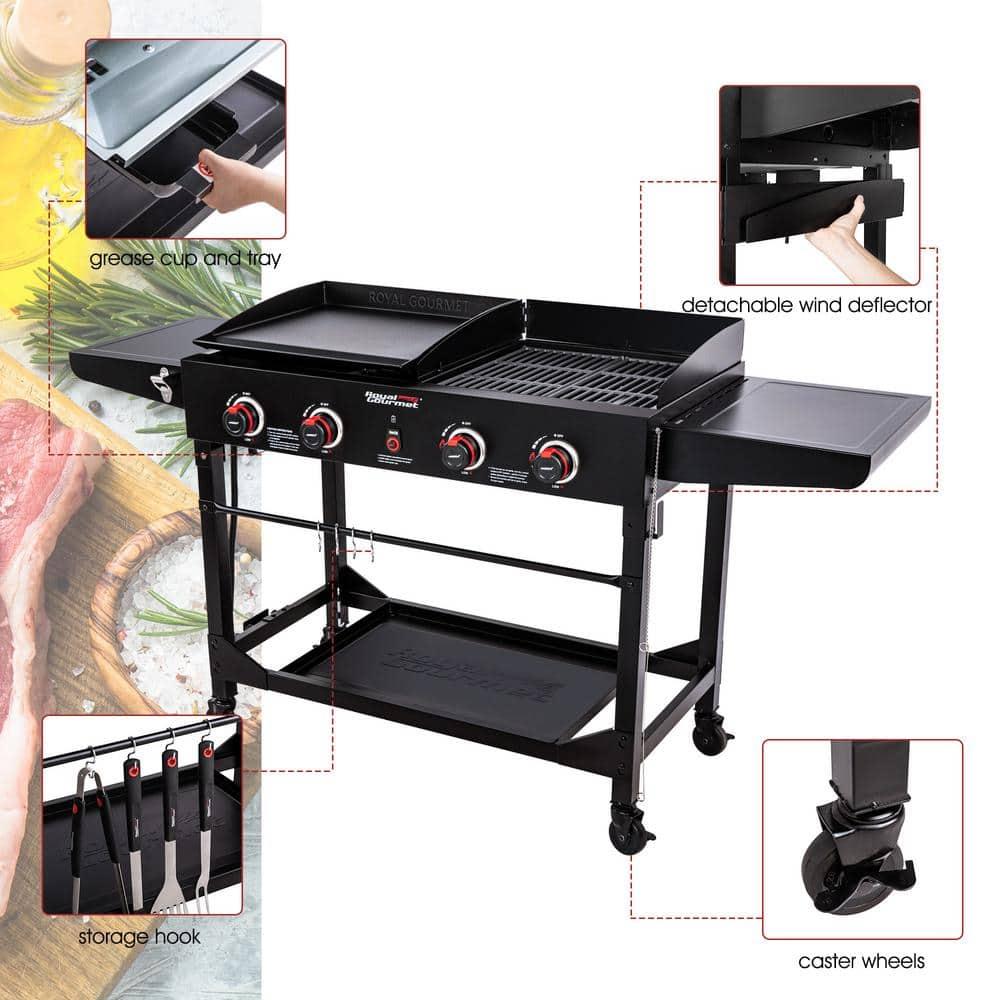 Royal Gourmet 4 - Burner Flat Top Liquid Propane 48000 BTU Gas Grill with Side Tables