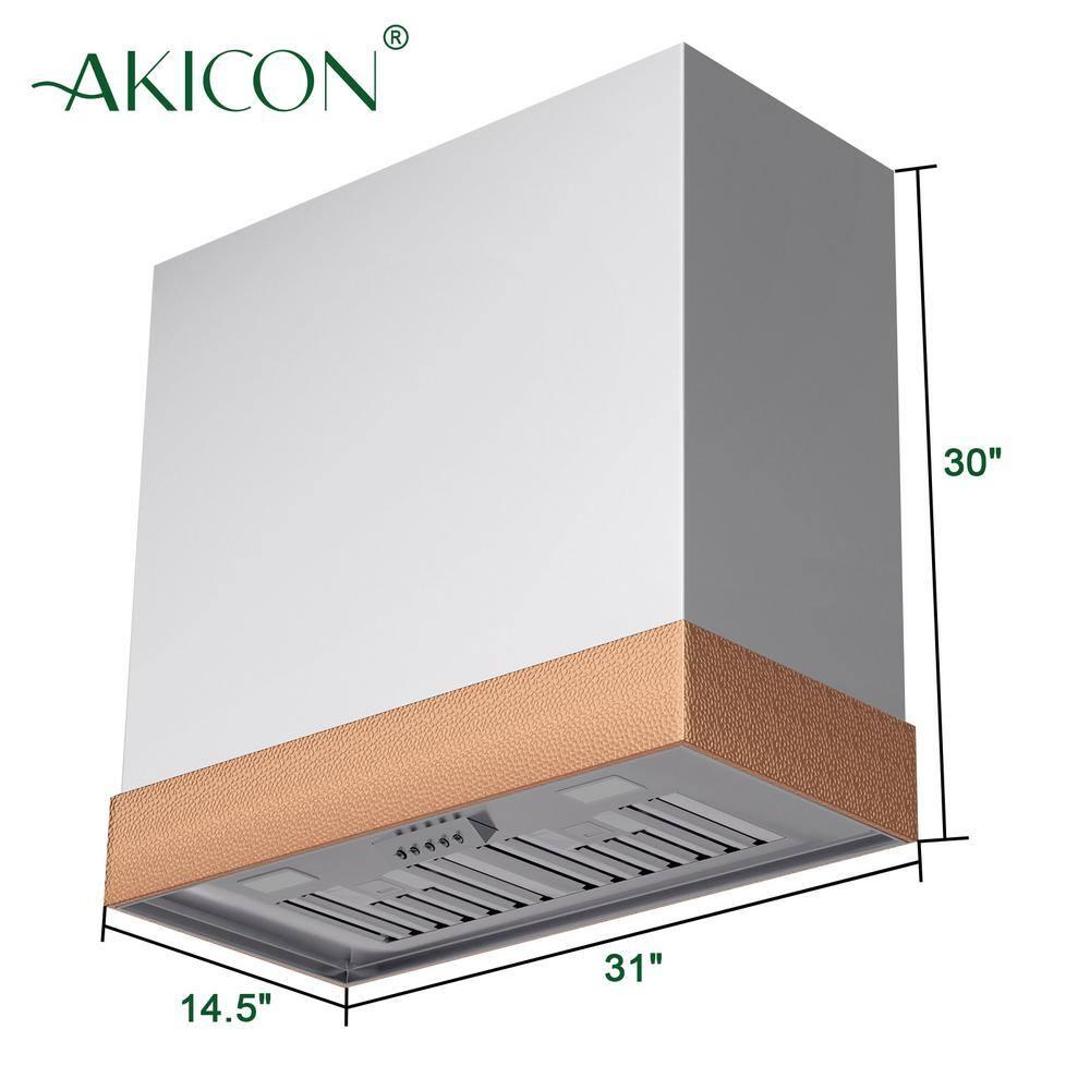 Akicon 600 CFM Wall Mounted Range Hood, Stainless Steel Range Hood 30 inch, Energy Saving, Kitchen Hood for Cooking, Powerful Vent Motor, Brushed Stainless with Copper