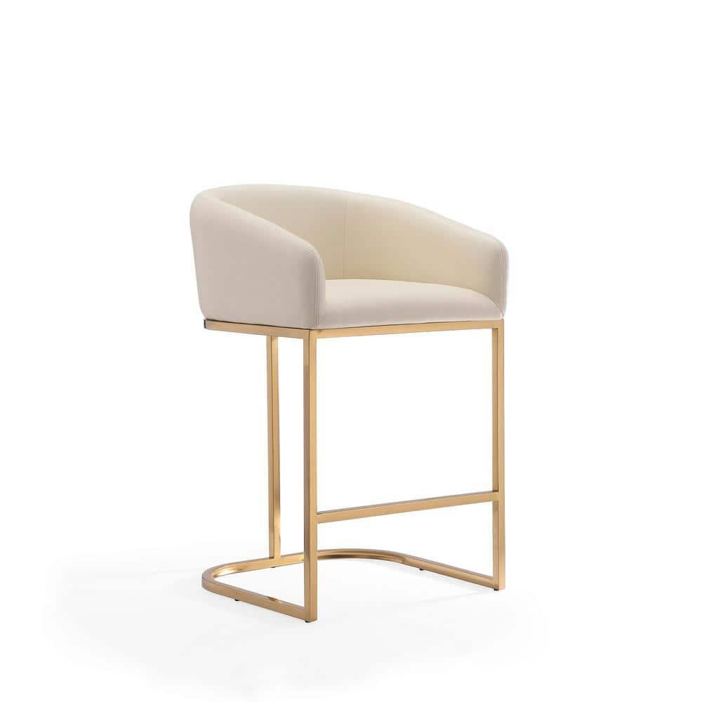 Manhattan Comfort Set of 3 Louvre Upholstered Stainless Steel Counter Height Barstools Cream: Faux Leather, Armrests, Footrest