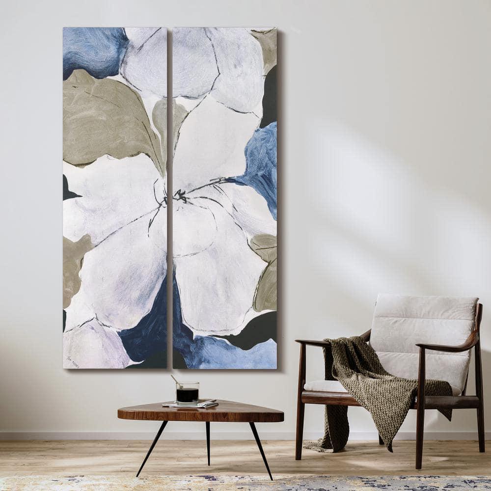 "Floral Serenity I & II", Flower Abstract Artwork on Silver Shagreen Wrapped Canvas Wall Art Set