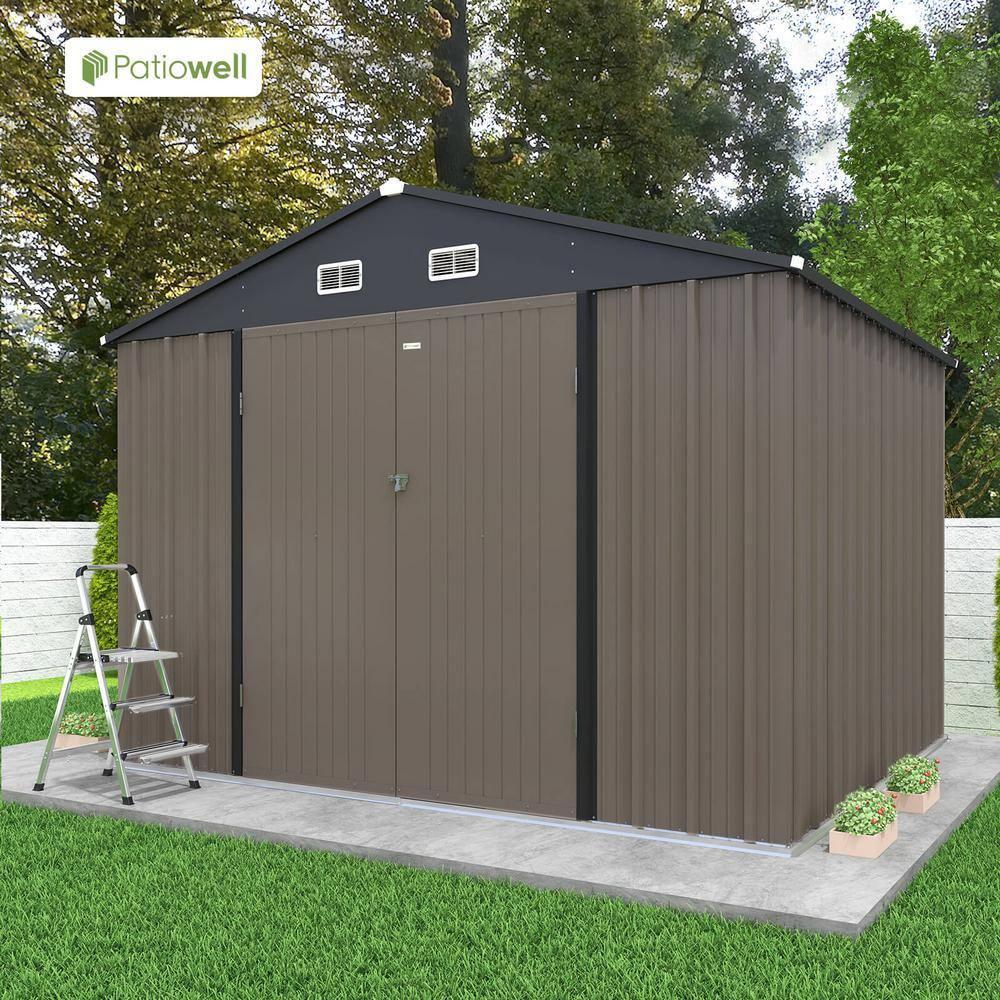Patiowell 10' x 8' Outdoor Storage Shed with Floor Frame Kit, Metal Garden Tool Shed with Design of Lockable Doors, Utility and Tool Storage for Garden, Backyard, Patio, and Outside Use, Brown