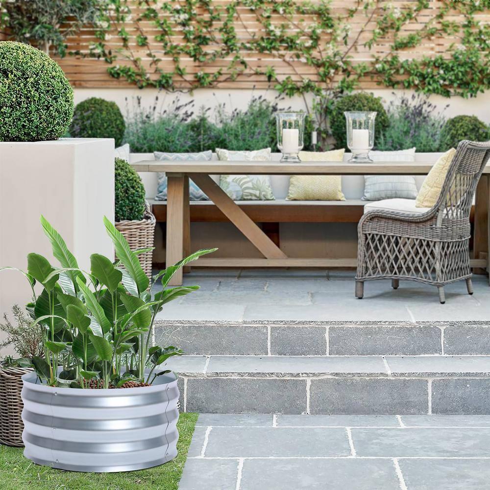 LuxenHome 2ft Round Galvanized Metal Raised Garden Bed Planter Silver