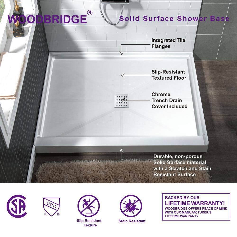 36" Solid Surface Square Single Threshold Shower Pan Base with Drain Assembly & Drain Cover Included, Non-Slip