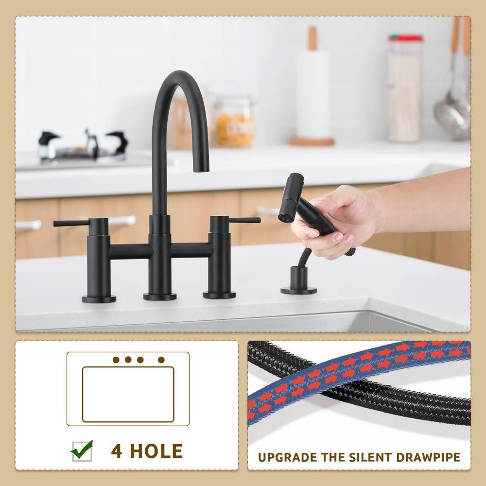 Double Handle Bridge Kitchen Faucet with Side Sprayer in Matte Black
