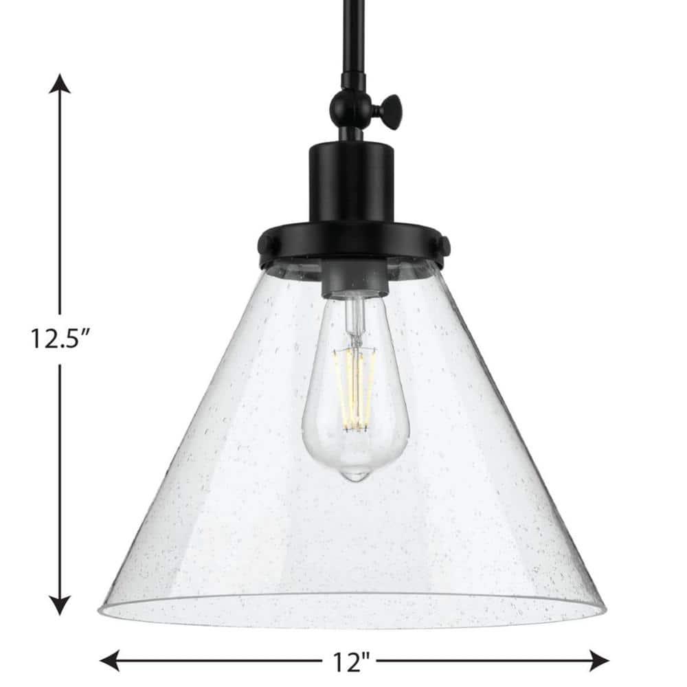 Progress Lighting Hinton 1-Light Industrial Pendant Light, Matte Black, Seeded Glass Shade