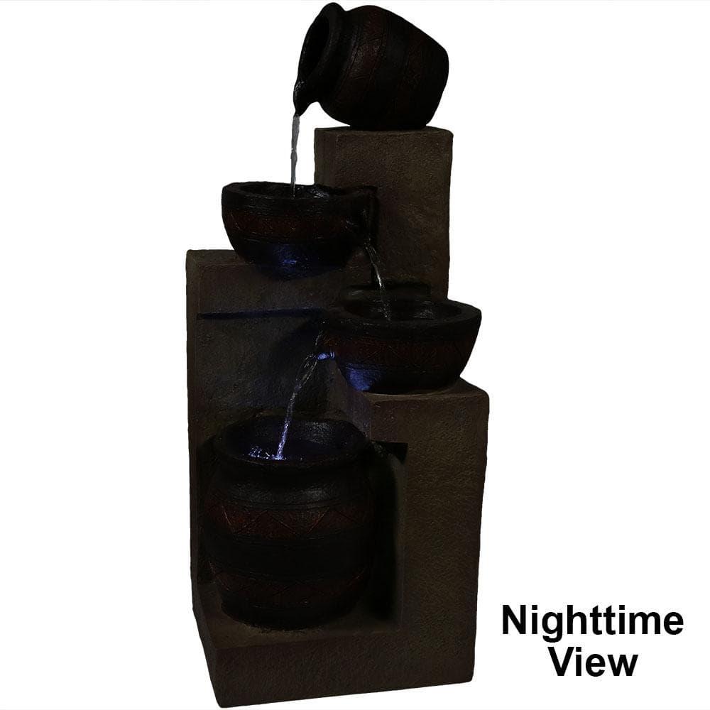 Sunnydaze Outdoor Solar Powered Cascading Terra Bowls Water Fountain with Battery Backup and LED Light - 30"