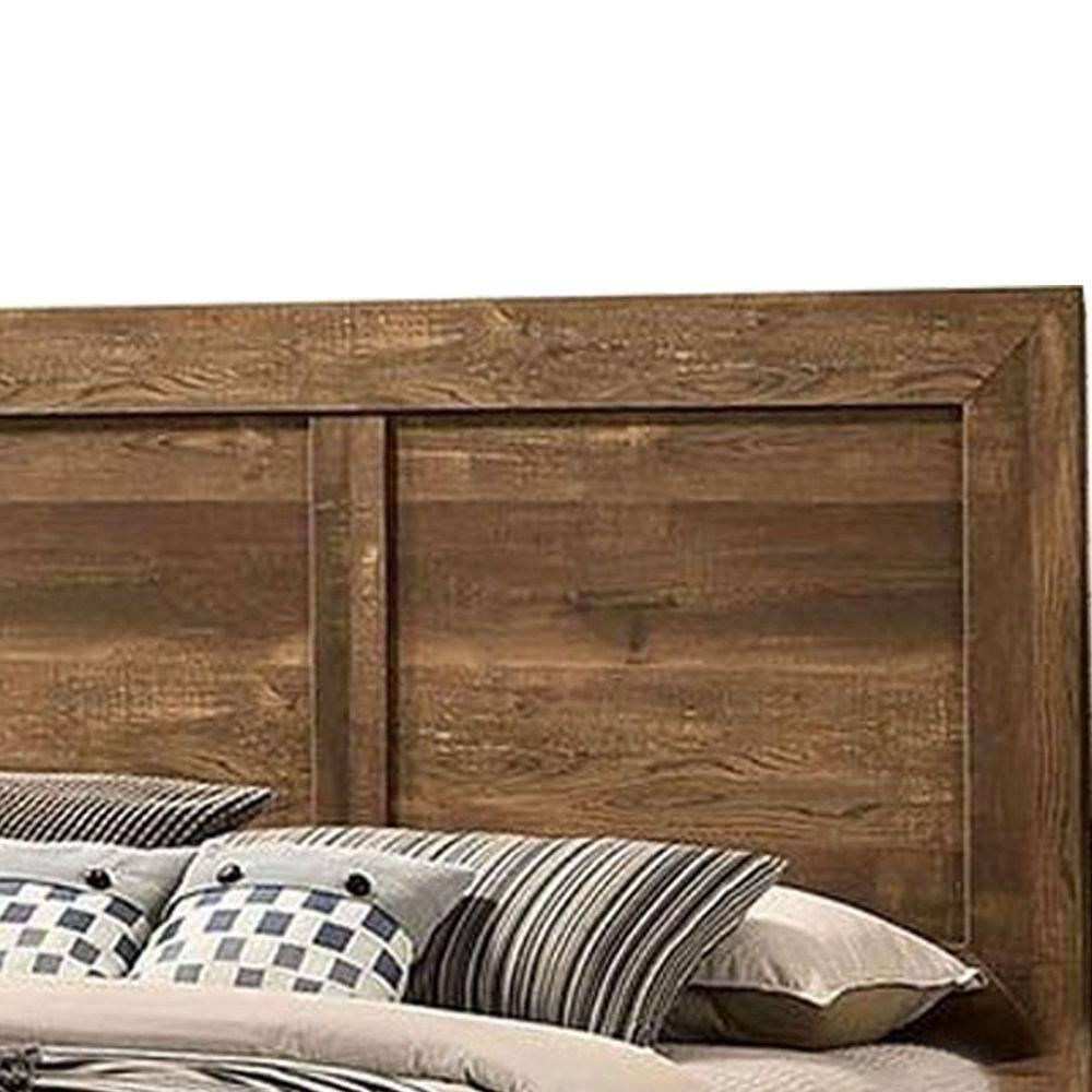 Benjara Rustic Style Wooden Queen Bed with Grain Details, Brown