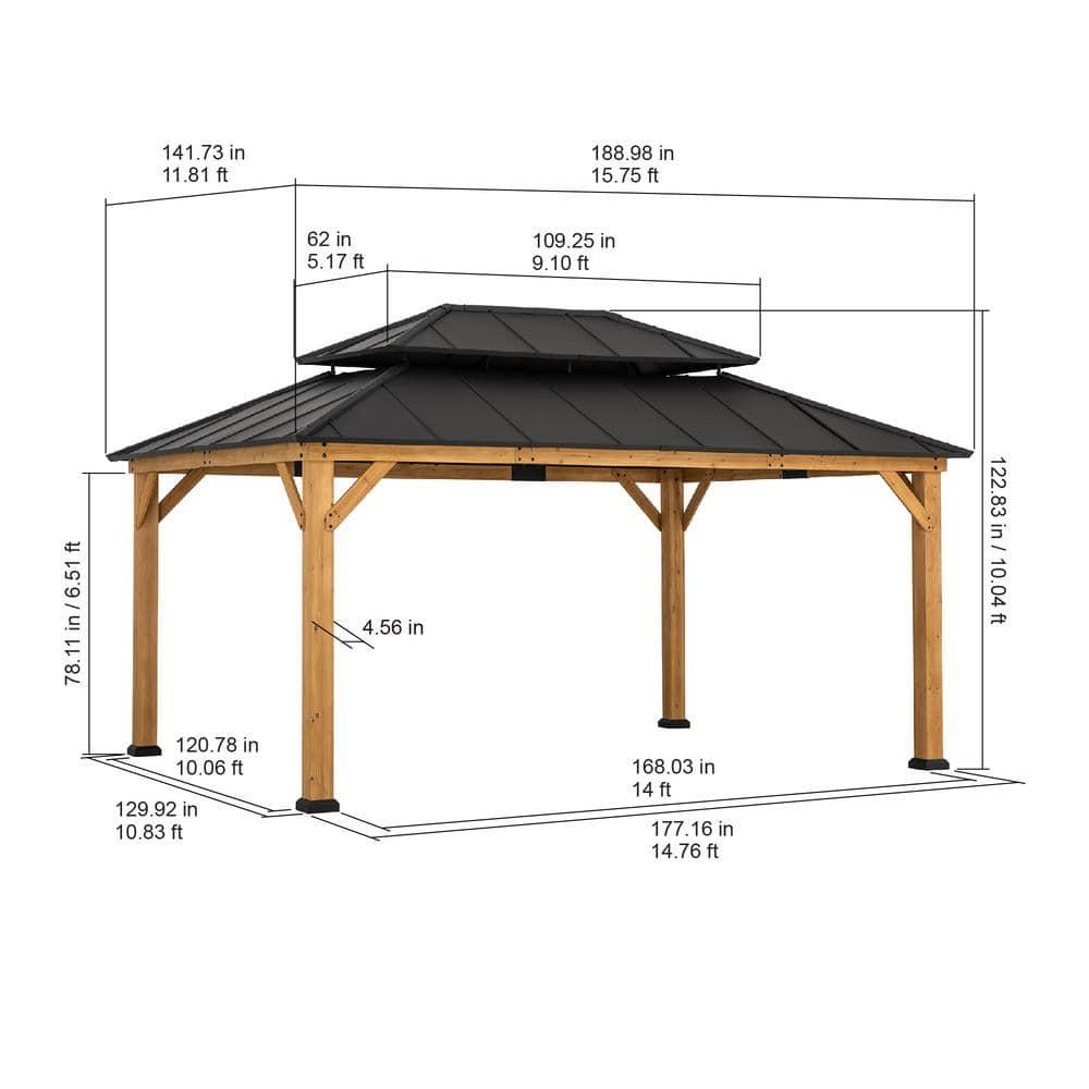 Sunjoy Sunjoy 12x16 ft. Wood Gazebo, Outdoor Patio Steel Hardtop Gazebo, Cedar Framed Wooden Gazebo with 2-tier Metal Roof, Suitable for Patios, Lawn and Backyard