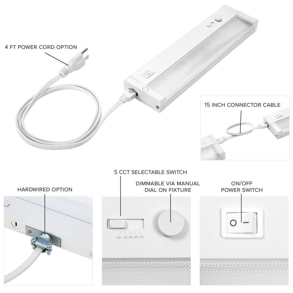 Maxxima 12 in. LED Under Cabinet Light, Dimmable, Linkable, Hardwired or Plug & Play, 500 Lumens, 5 CCT 2700K - 5000K, White, On/Off Switch