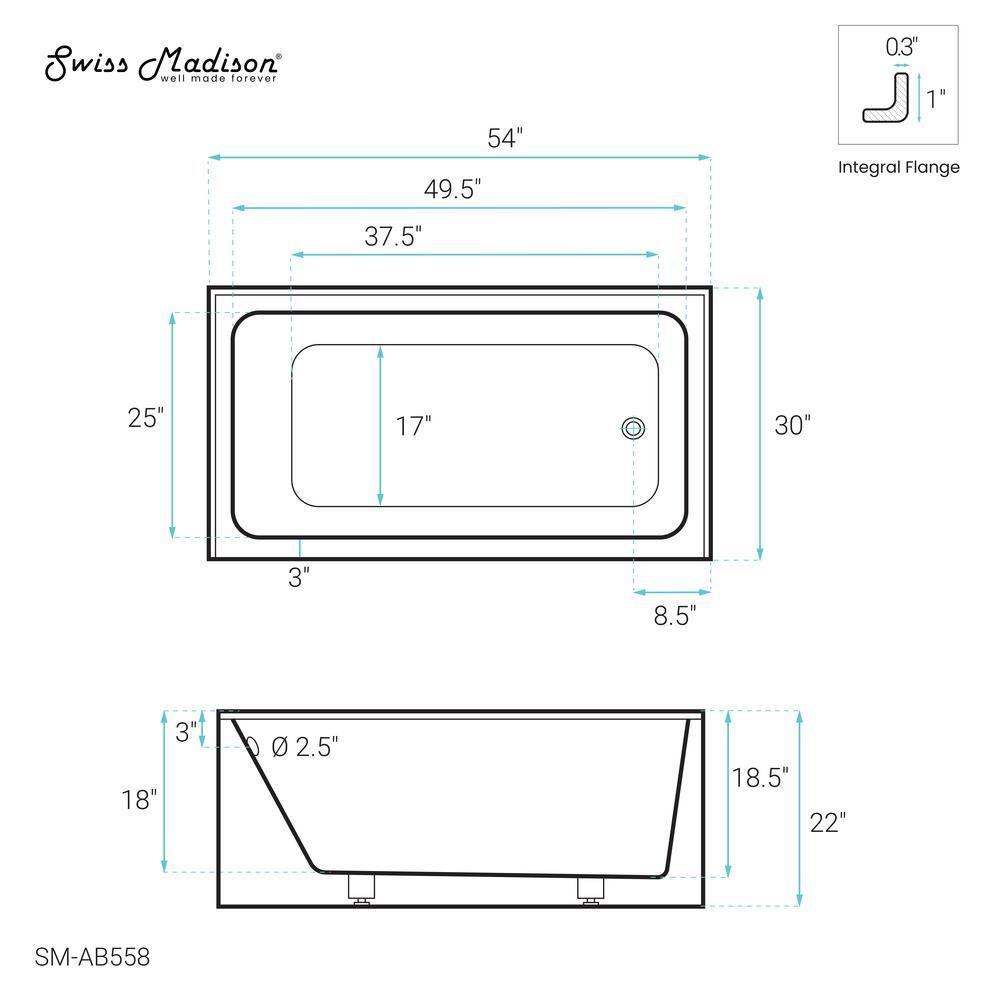 Voltaire 54" x 30" Alcove Bathtub with Apron