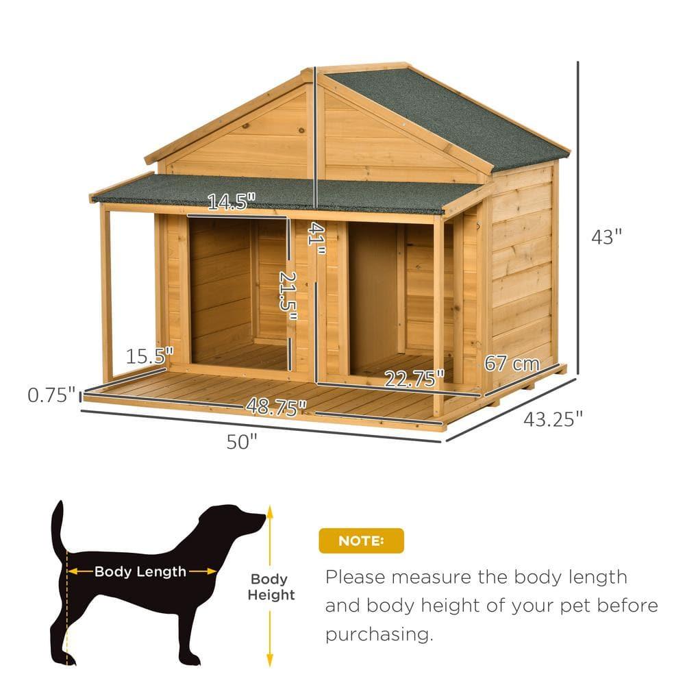 PawHut Wooden Dog House Outdoor Duplex for 2 Medium or Small Dogs, Outdoor Double Dog House with Porch, 50" x 43" x 43"