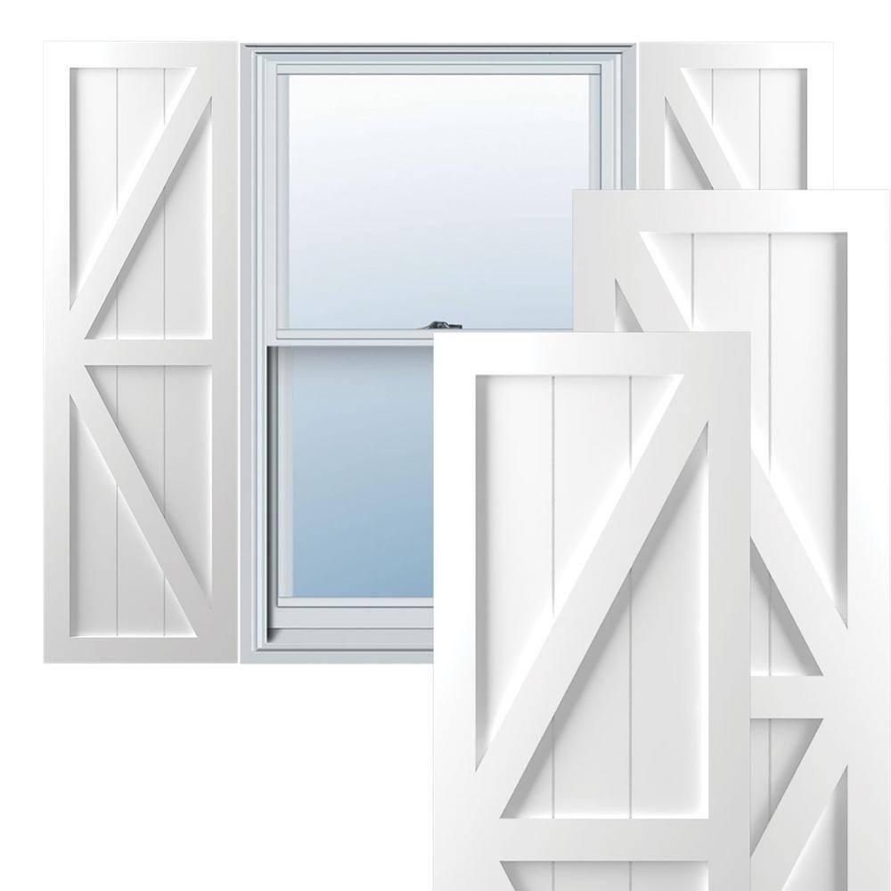 Ekena Millwork 12"W x 32"H True Fit PVC Two Equal Panel Farmhouse Fixed Mount Shutters w/ Z-Bar, White (Per Pair - Hardware Not Included)