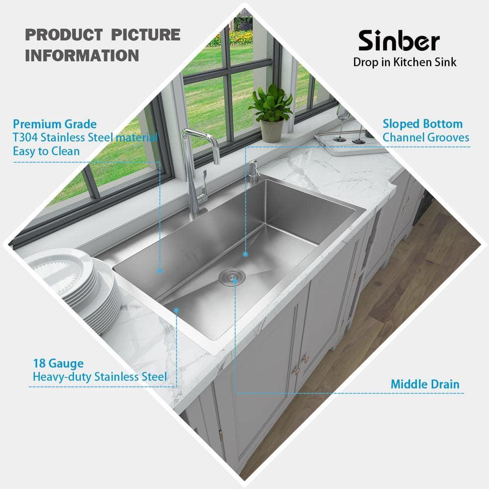 Sinber 33" x 22" Drop In Single Bowl Kitchen Sink with 18 Gauge 304 Stainless Steel Finish