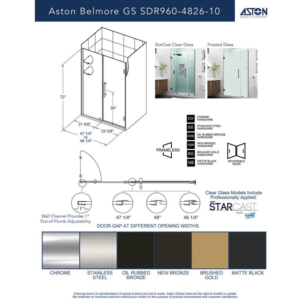 Belmore GS 48" x 72" Hinged Frameless Shower Door