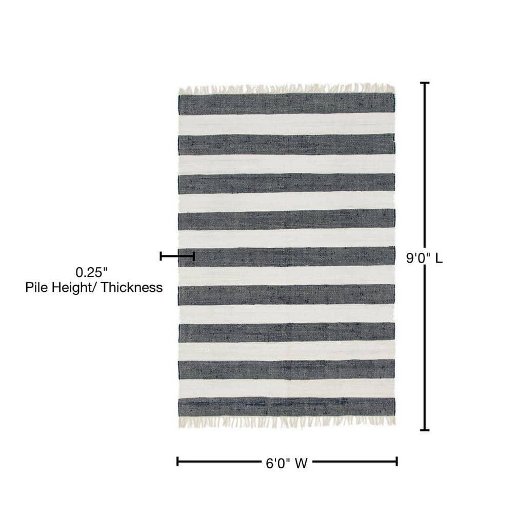 Unique Loom Chindi Rag Collection Area Rug - Striped (6' 1" x 9' Rectangle Navy Blue/Ivory)