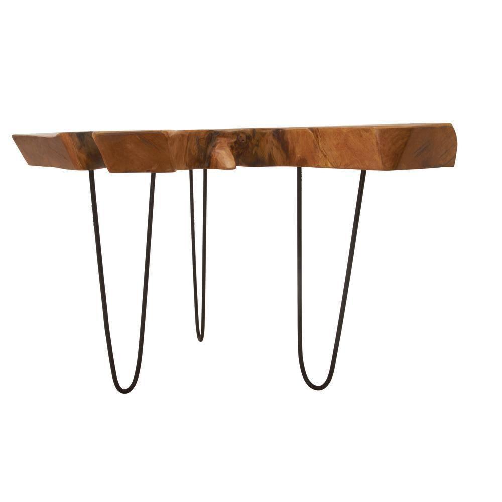 DecMode 28" x 19" Brown Wood Handmade Live Edge Top Coffee Table with Black Metal Hairpin Legs, 1-Piece