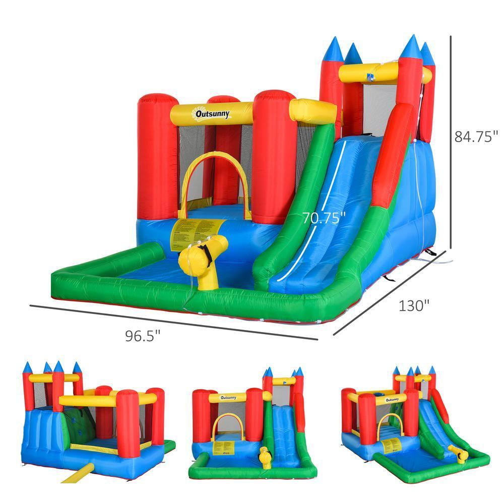 GZMWON Outsunny 6-In-1 Kids Bounce House Inflatable Water Slide With Pool, Water Cannon, Climbing Wall, Inflator Included, Jumping Castle Kids Backyard Activity Outdoor Water Play Toy