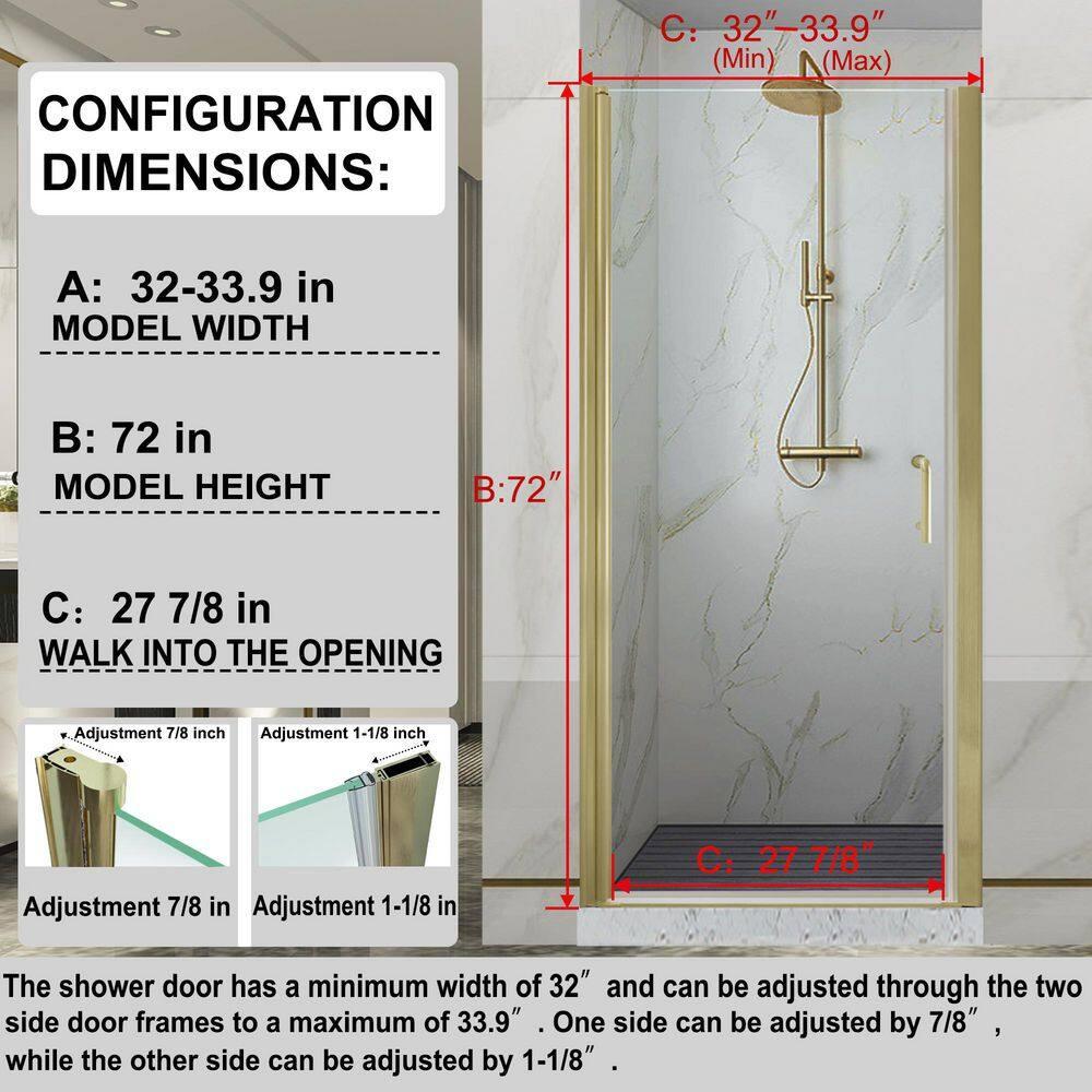 32-33.5 in. W x 72 in. H Pivot Swing Frameless Shower Door with Clear SGCC Tempered Glass
