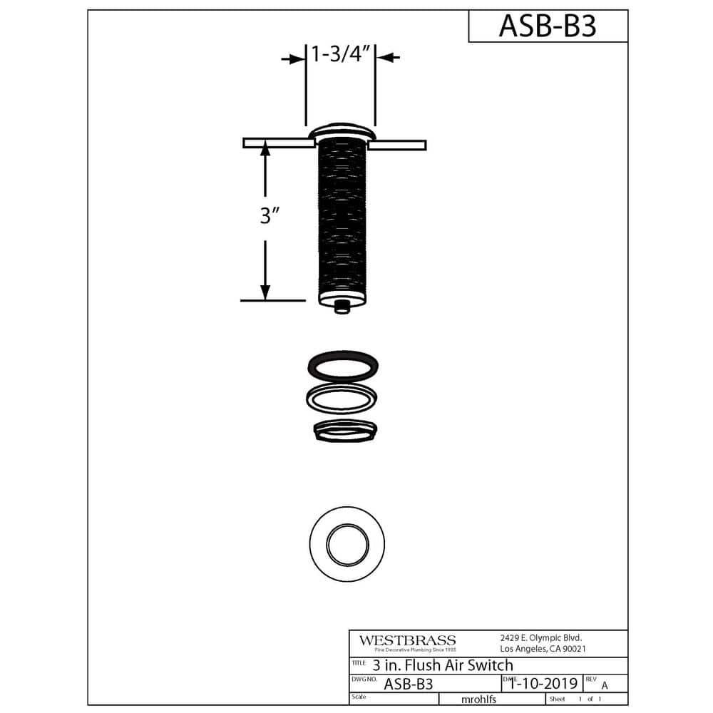 Westbrass Sink Top Waste Disposal Replacement Air Switch Trim Only, Flush Button