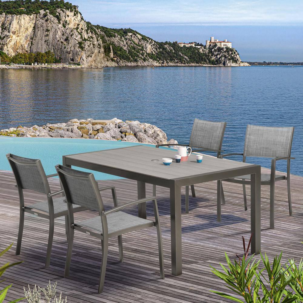 Armen Living Solana Outdoor Rectangular Aluminum Dining Table in Cosmos Grey Finish with Wood Top