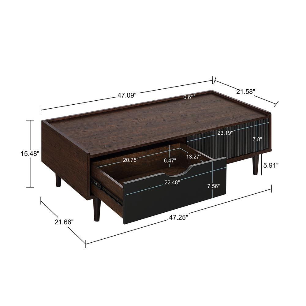 Manhattan Comfort Duane Ribbed Coffee Table with Drawer and Shelf Dark Brown/Black: Rectangular, MDF, Living Room Furniture
