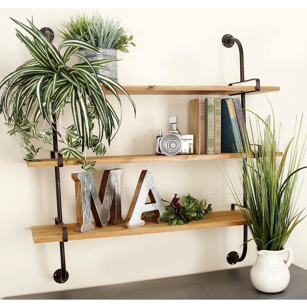 Wood 3 Level Wall Shelf with Black Metal Brackets