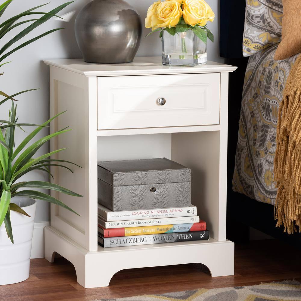 1 Drawer Chase Wood Nightstand White - Baxton Studio: Silver Knob, Open Shelf Storage