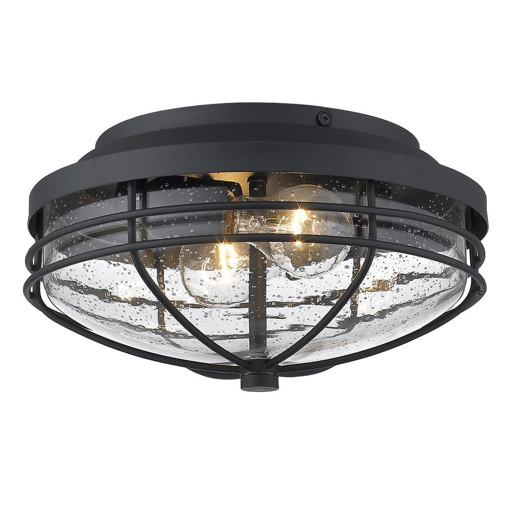 Golden Lighting Seaport 2-Light Outdoor Flush Mount in Natural Black with Seeded Glass