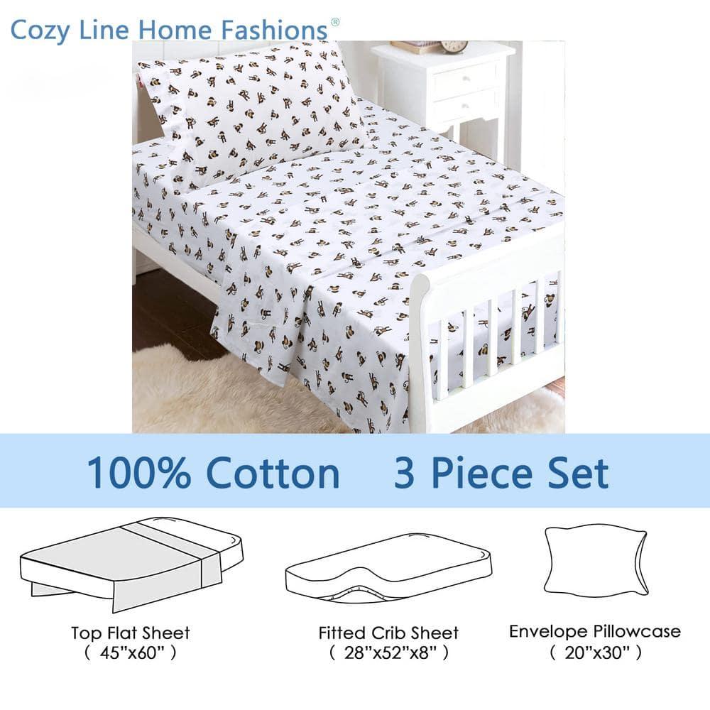 Monkey Around Jungle Bananas 3 Piece White Cotton Toddler Sheet Set