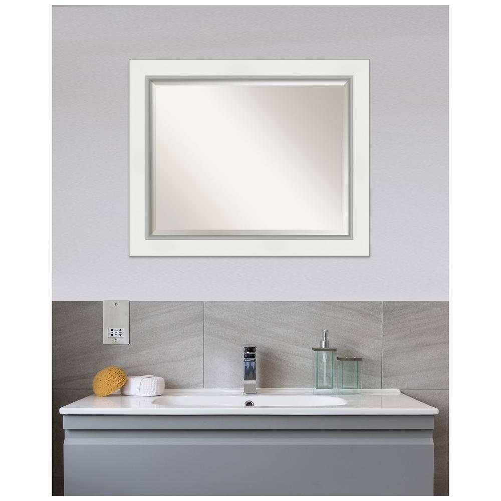 Amanti Art 33" x 27" Eva White Silver Framed Bathroom Vanity Wall Mirror: Modern Rectangular, Wall-Mounted, Beveled Glass