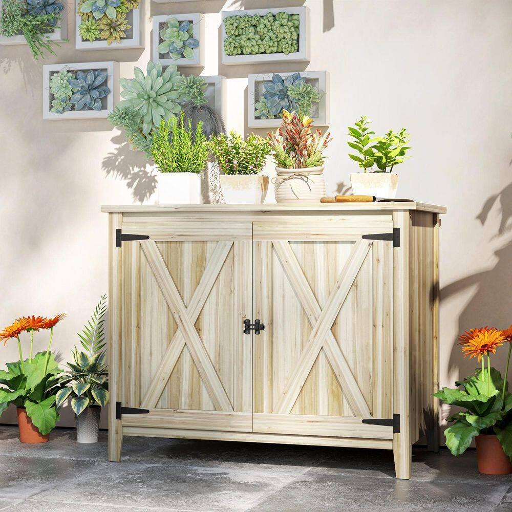 Outsunny Wood Outdoor Storage Cabinet, Compact Garden Shed Potting Shed with Shelf and Double Doors, Natural Wood