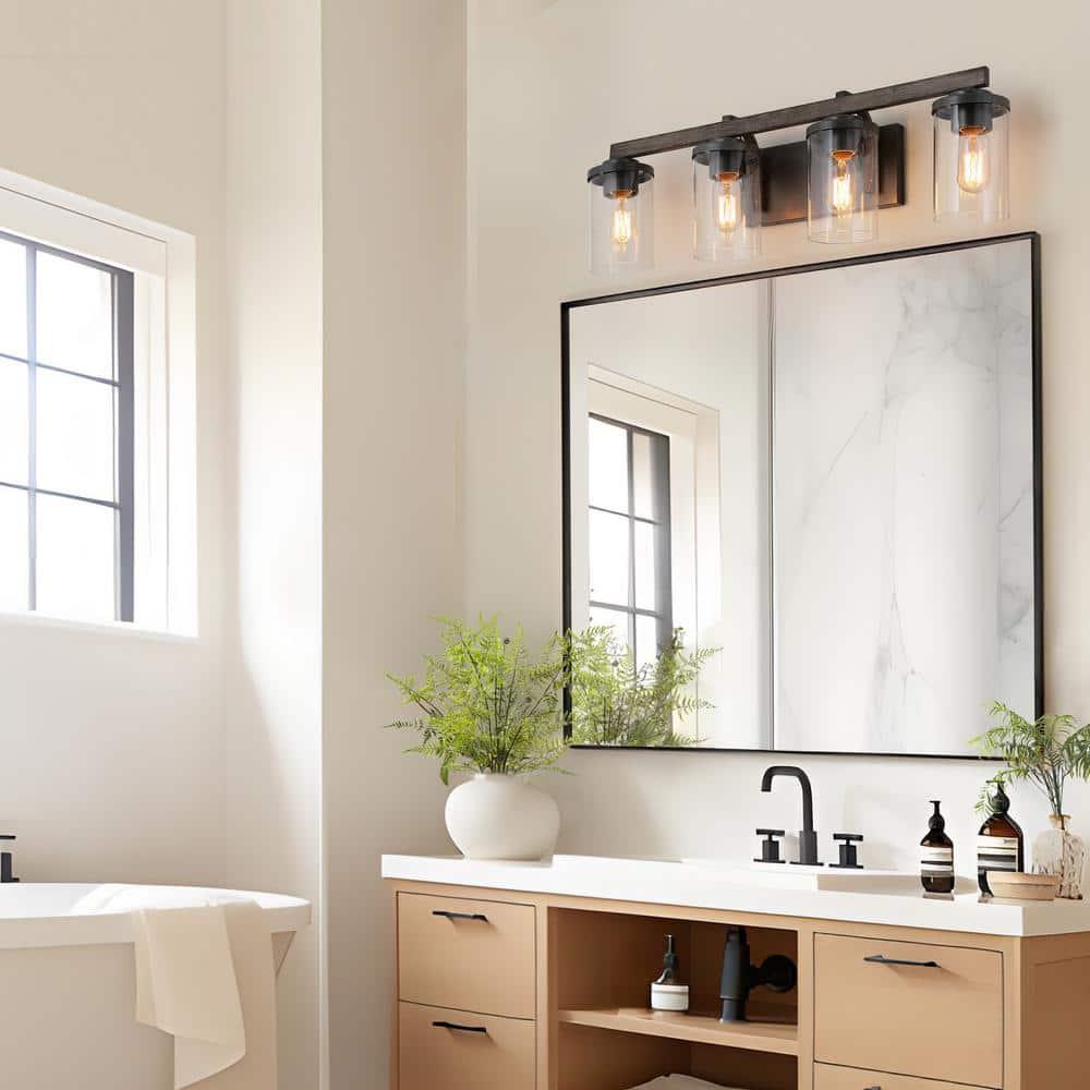 LNC Rustic Industrial Faux Wood 4-Light Black Finish Wall Fixture for Bathroom Glass Shades 4 Count
