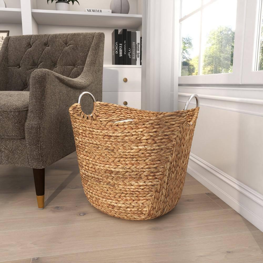DecMode 21" x 19" Brown Seagrass Handmade Large Woven Storage Basket with Ring Metal Handles, 1-Piece