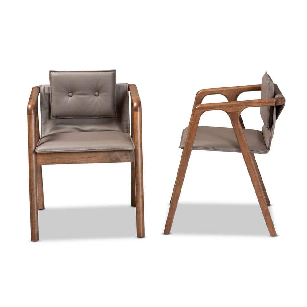 Baxton Studio 2pc Marcena Leather Upholstered and Wood Dining Chair Set Gray/Walnut Brown: Elegant Button-Tufted, Ergonomic Armrests