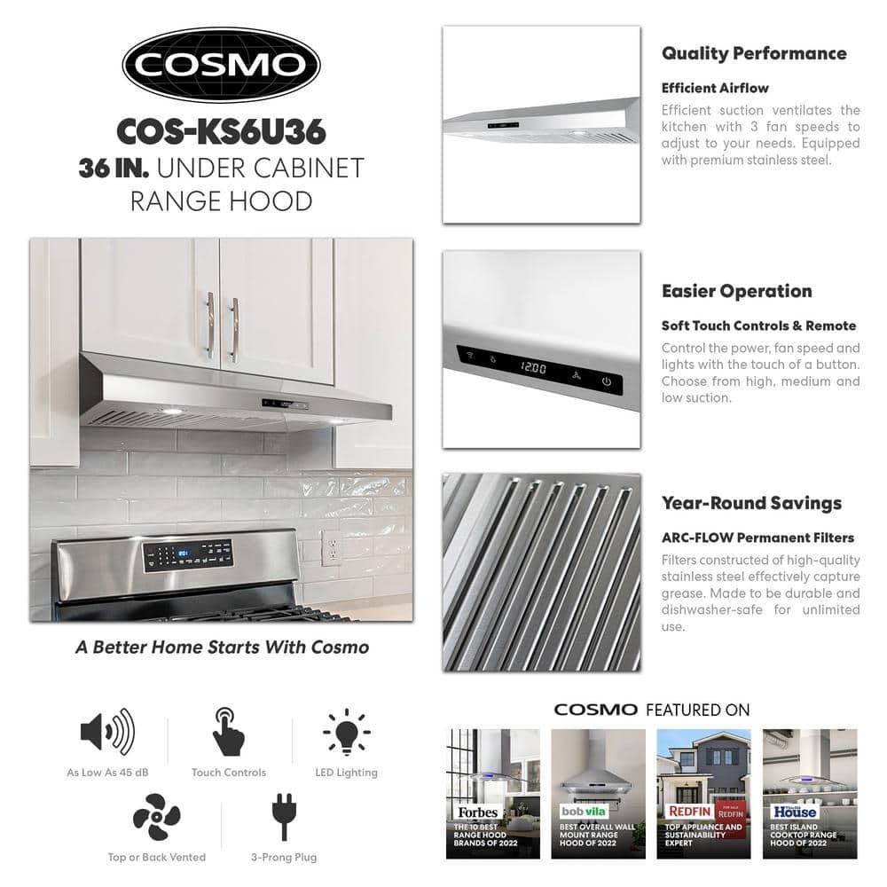 Cosmo 36 in. Haven Collection Ducted Under Cabinet Range Hood, Touch Controls, LED Lights, Permanent Filters, Stainless Steel